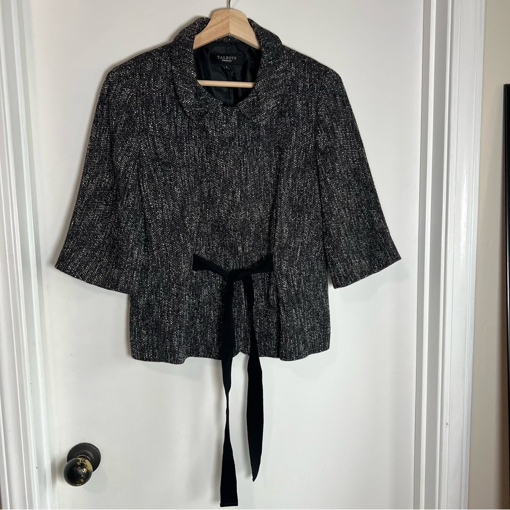 Talbots Black White‎ Tweed 3/4 Sleeve Snap Closure Front Tie Jacket, Size 8